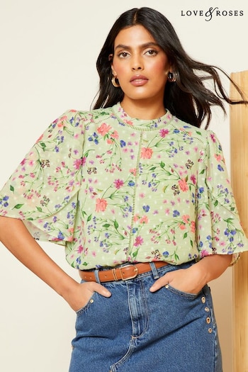 Supreme Time T-Shirt Weiß Green Floral Printed Dobby Flutter Sleeve Blouse (Q77597) | £36