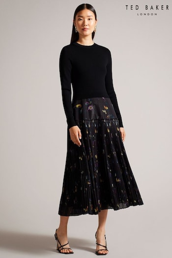 Ted Baker Black Fitted Bodice Midi Dress With Pleated Skirt (Q77614) | £240