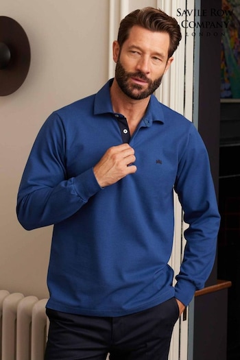Savile Row Company Denim Blue Long Sleeve Polo Shirt (Q77636) | £45