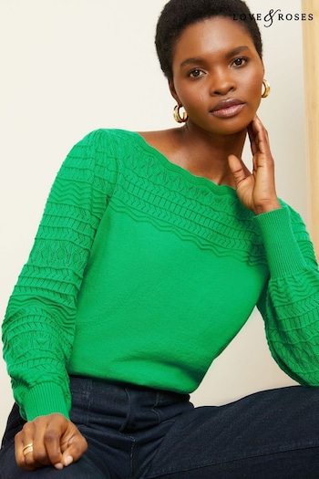 Love & Roses Green Pointelle Knit Scallop Neck Jumper (Q77691) | £39