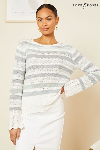 Love & Roses Blue Pointelle Scallop Cuff Knitted Jumper (Q77692) | £40