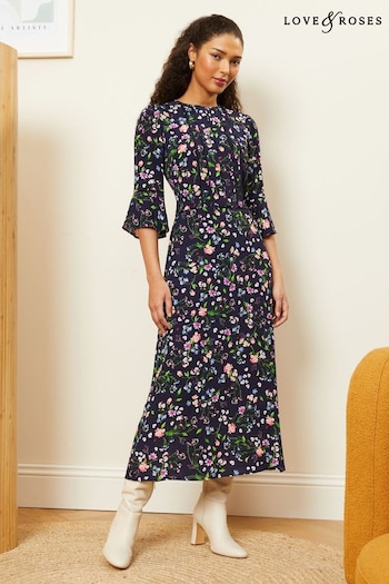 All Party Decorations Navy Floral Petite Printed Flute Sleeves High Neck Lace Trim Midi Dress (Q77693) | £58