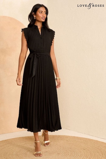Love & Roses Black Sleeveless Pleated Midi Dress (Q77701) | £58