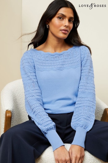 Regular Fit Long Sleeve Slogan Print Knit Hoodie Blue Pointelle Knit Scallop Neck Jumper (Q77709) | £39