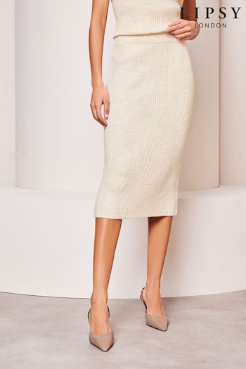 Lipsy Ivory White Soft Knit Ribbed Midi Skirt (Q77715) | £36