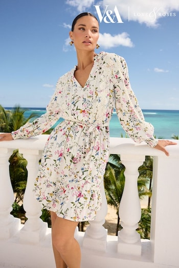 V&A | New In Bedding Ivory White Floral Petite Linen Blend V Neck Lace Trim Belted Mini Dress (Q77727) | £60