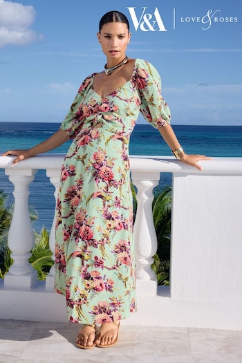 V&A | New In Bedding Green Floral Petite Linen Blend Printed Twist Front Puff Sleeve Midi Dress (Q77734) | £70