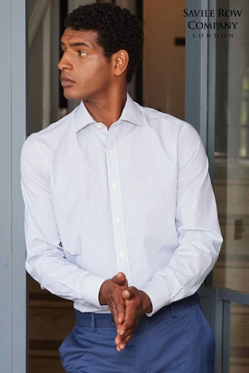 Savile Row Company Slim Fit Navy Stripe Single Cuff Formal Shirt (Q77754) | £50