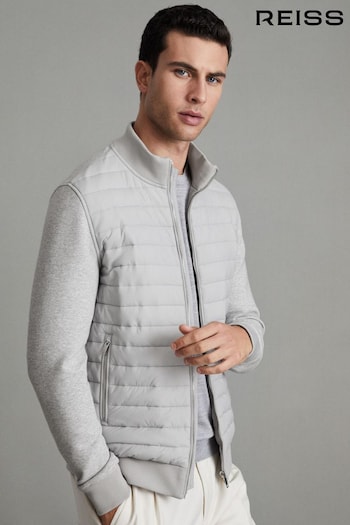 Reiss Soft Grey Melange Freddie Hybrid Quilt and Knit Zip-Through Jacket (Q77789) | £168