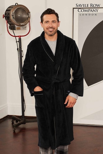 Savile Row Company Fleece Black Dressing Gown With Grey Piping (Q77807) | £50