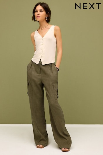 Khaki Green Linen Blend Cargo Wide Leg Jeans Trousers (Q78090) | £28