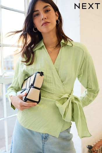 Sage Green Crinkle Long Sleeve Wrap Shirt (Q78094) | £35