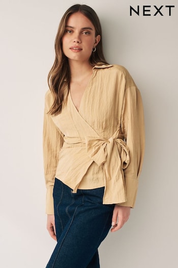 Tan Brown Crinkle Long Sleeve Wrap Shirt (Q78095) | £35