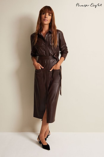 Phase Eight Brown Dila Faux Leather Shirt Bartlett Midi Dress (Q78122) | £139