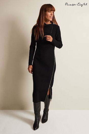 Phase Eight Hartley Zip Ribbed Column Black Dress Closed (Q78123) | £119