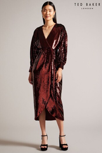 Ted Baker Red Emaleee Plunge Neck Sequin Midi Dress (Q78135) | £295