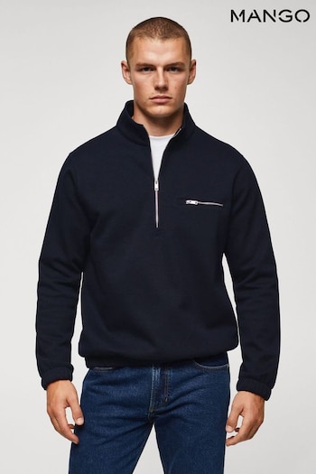 Mango Navy Blue Long Sleeved Cotton Sweatshirt With Zip Neck (Q78281) | £50