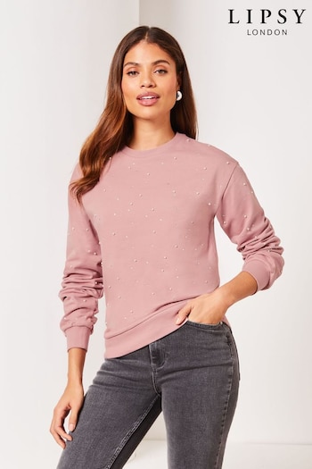 Lipsy Pink Pearls Logo Embroided Crew Neck Sweatshirt (Q78339) | £35