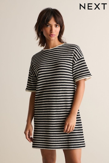 Black/White Mono Stripe Crochet Boxy T-Shirt rosa Dress (Q78365) | £40