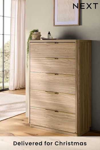 Mid Natural Arlo Oak Effect 5 Drawer Chest of Drawers (Q78698) | £499