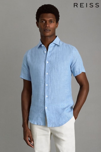 Reiss Sky Blue white Slim Fit Linen Button-Through Shirt (Q78777) | £88