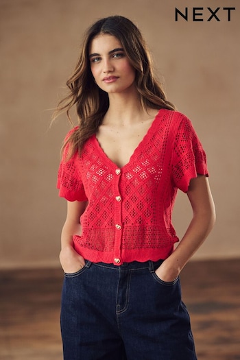 Red Short Sleeve Knitted Button Top (Q78800) | £36