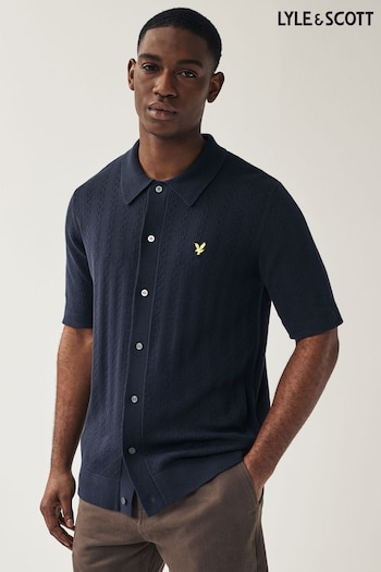 Lyle & Scott Navy Blue Textured Knitted Polo Shirt (Q79117) | £80