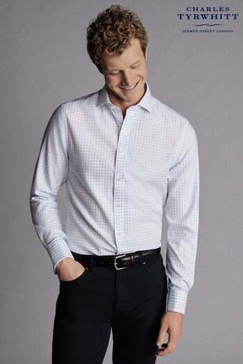 Charles Tyrwhitt Blue Slim Fit Cornflower Non-Iron Clifton Weave Check Cutaway Shirt (Q79318) | £70