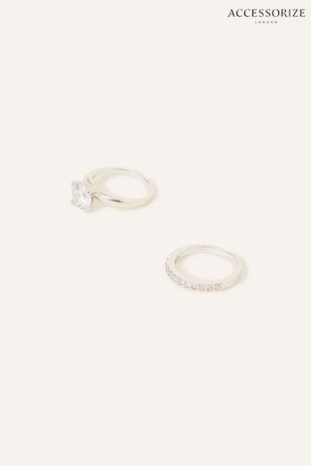 Accessorize White Sterling Silver-Plated Solitaire Rings 2 Set (Q79366) | £18
