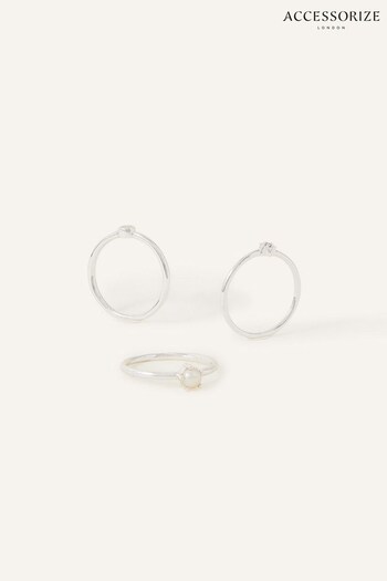 Accessorize Cream Sterling Silver-Plated Rings Set of Three (Q79428) | £18