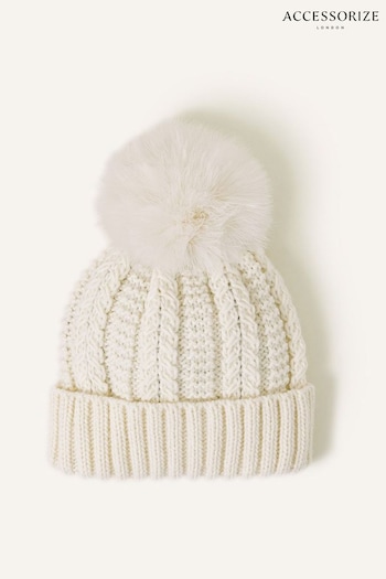 Accessorize Cream Faux Fur Pom-Pom Beanie Hat (Q79440) | £20