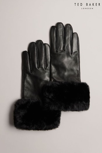 Ted Baker Black Faux Fur Cuff Leather Gloves (Q79522) | £65