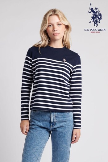 U.S. Polo Assn. Womens Blue Stripe Long Sleeve T-Shirt With Tipping (Q79602) | £40