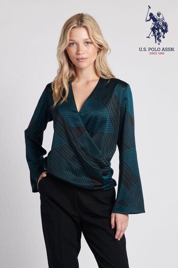 U.S. Polo RF103635 Assn. Womens Green Abstract Stripe Satin Wrap Shirt (Q79634) | £60