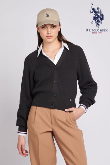 U.S. Polo Assn. Womens Cropped Ribbed Black Cardigan (Q79661) | £70