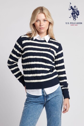 U.S. Frisos Polo Assn. Womens Blue Thin Stripe Cable Knit Jumper (Q79668) | £65
