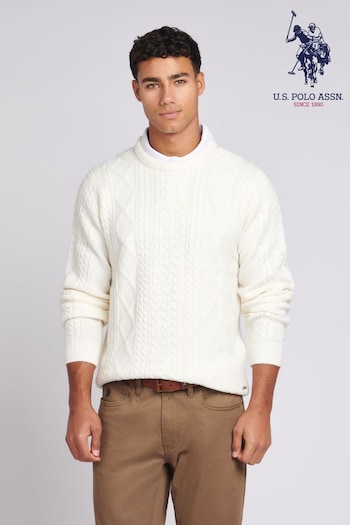U.S. Polo organic Assn. Mens Cream Heavyweight Aran Knit Crew Jumper (Q79673) | £70