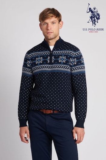 U.S. Polo Assn. Mens Blue Quarter Zip Fair Isle Sweatshirt (Q79675) | £80
