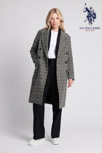 U.S. Polo Assn. Womens Check Double Breasted Crombie Grey Coat (Q79679) | £150