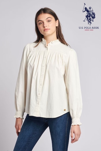 U.S. Polo Assn. Womens Cream Cord Ruffle Neck Shirt (Q79685) | £70