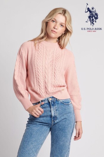 U.S. Polo Assn. Womens Pink Multi Cable Knit Jumper (Q79687) | £70