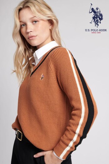 U.S. Frisos Polo Assn. Womens Brown Tri Stripe Cricket Jumper (Q79691) | £70