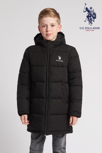 U.S. Polo Assn. Boys Black Large Baffle Longline Puffer Coat (Q79693) | £85 - £102