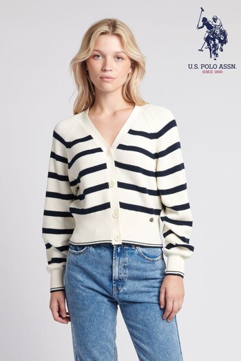 U.S. Polo Assn. Womens Cream Stripe Cropped Rib Cardigan (Q79694) | £80