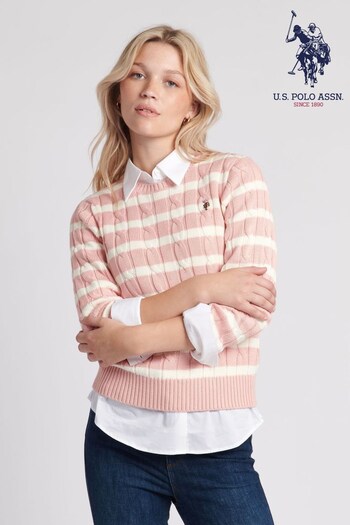 U.S. Polo Assn. Womens Pink Thin Stripe Cable Knit Jumper (Q79696) | £65