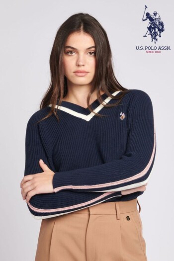 U.S. Frisos Polo Assn. Womens Blue Tri Stripe Cricket Jumper (Q79708) | £70