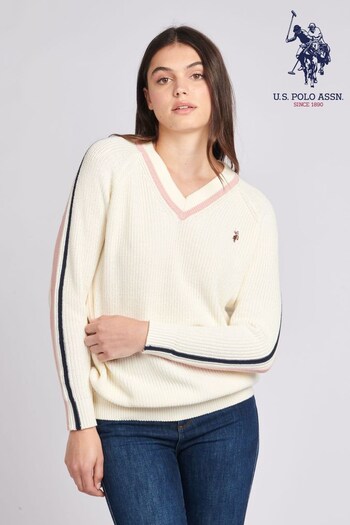 U.S. Frisos Polo Assn. Womens Cream Tri Stripe Cricket Jumper (Q79717) | £70
