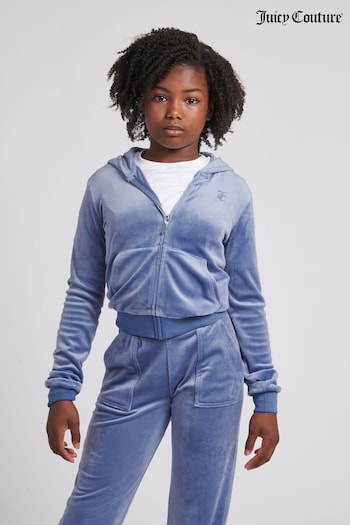 Juicy Couture Girls Blue Tonal Velour Zip Through Hoodie (Q79718) | £70 - £84