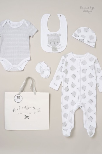 Rock-A-Bye Baby Boutique Bear Print Cotton 5-Piece Baby White Gift Set (Q79836) | £25