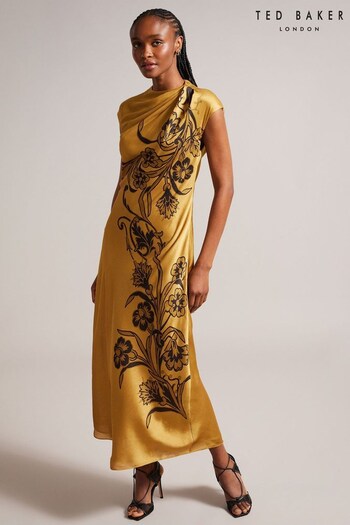 Ted Baker Gold Valiree Slip Midi Dress With Draped Neck Detail (Q79862) | £225